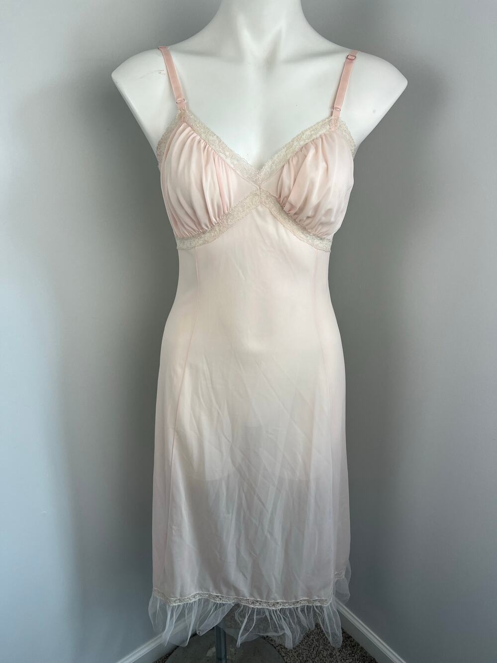 Vintage Laura Lane Light Pink Sheer Slip Dress Lingerie Nightgown w Lace 34/XS